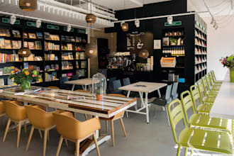 create photorealistic 3d bookstore, library, reading cafe and study room design