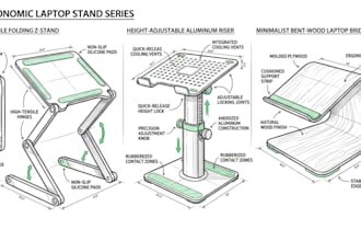 create ergonomic laptop stand industrial design workspace, office product design