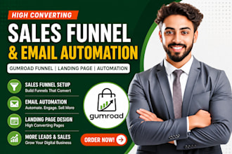 setup gumroad sales funnel email automation and landing page design