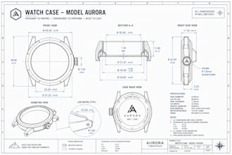 watch cad modeling, mechanical case, with manufacturing ready technical drawing