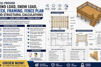 provide wind load, snow load deck, framing, fence plan and structural calcs