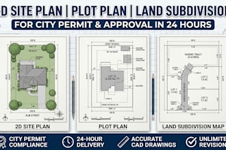 draw 2d site plan, plot plan, land subdivision for city permit in 24 hours