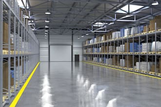 design 3d logistics warehouse, industrial space, storage area, factory layout