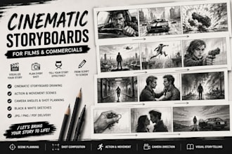 do cinematic storyboard illustrations for films and ad storyboards illustrations