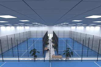 redesign 3d padel court, long tennis,base ball, sport complex interior rendering