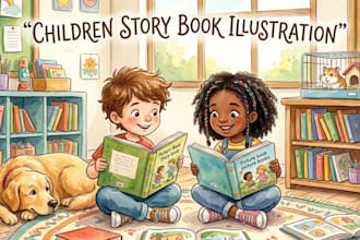 design hand drawn watercolor children storybook illustration, kids book design