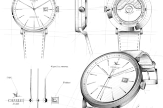 custom watch cad modeling, mechanical dial, with manufacturing technical drawing