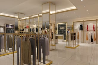 stylish fashion showroom,retails layout, high end rendering, boutique visual cgi