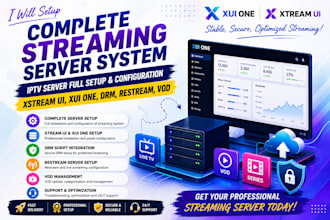 setup complete server system, xtream ui, xui one, drm script, restream, vod