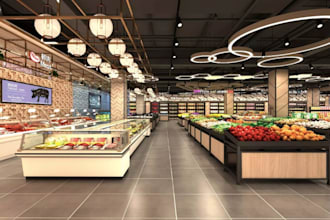 design 3d supermarket interior, grocery store, mini mart, retail shop design