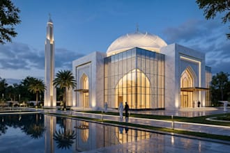 design 3d mosque, ablution space, realistic mosque rendering, 3d visualization