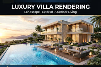 create luxury villa exterior rendering with landscape and outdoor living design
