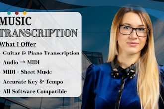 transcribe music, guitar or piano transcriptions into midi file for sheet music