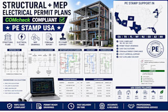 provide structural mep electrical comcheck permit plans with pe stamp USA