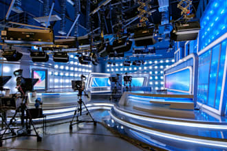 3d event set design, TV room set, stage design, podcast studio interior design