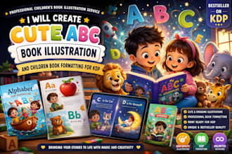 create cute abc book illustration and children book formatting for kdp