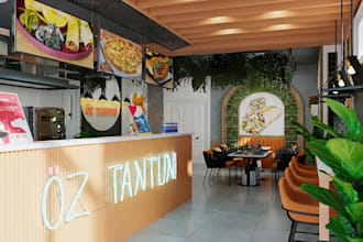 create 3d cafe design, supermarket interior and exterior, boutique, 3d rendering