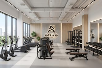 render 3d gym interior design, 3d commercial gym, fitness center, 2d floor plan