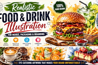 realistic food and drink illustration for menus, packaging, and branding