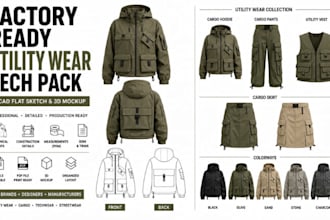 design woman utility wear cargo hoodie flat sketch tech pack for manufacturing