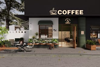 create 3d cafe interior and exterior, supermaket design, boutique, 3d rendering