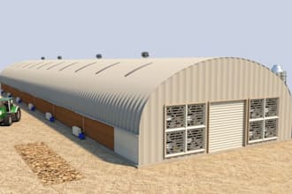 do realistic 3d poultry farm, broiler farm, barn, and chicken house design