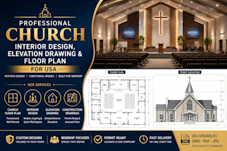 do professional church interior design, elevation drawing and floor plan for USA