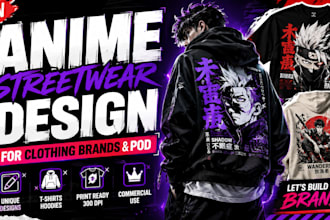 design anime streetwear for your clothing brand,  pod store, hoodies and t shirt