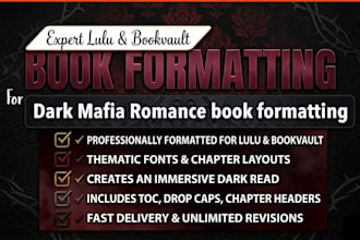 do dark mafia romance book formatting for bookvault, KDP, lulu formatting
