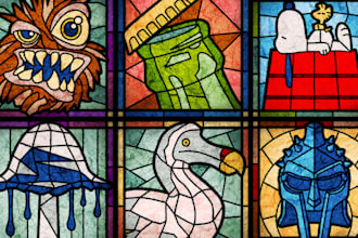 create stained glass art, fantasy glass illustration, mosiac art for character