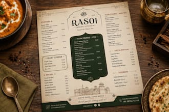 design a modern and attractive restaurant food menu