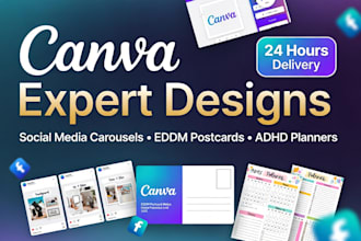 do canva social media carousel post,eddm postcard mailer, adhd planner in 24hrs