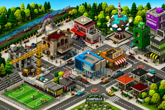 design a detailed isometric vector city map illustration for games and apps