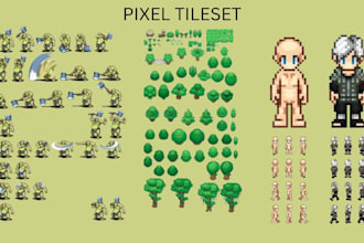 do pixel art tileset, pixel character,  pixel game map, sprite sheet animation