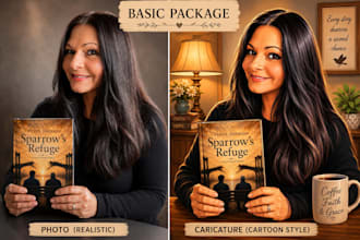 create author caricatures with books or mockups