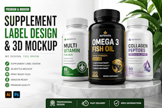 design supplement label, product label and 3d bottle mockup