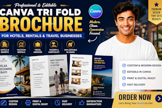 canva tri fold brochure for hotel travel agency and vacation rental business