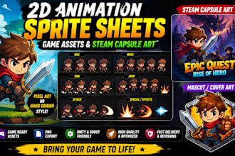 2d animation sprite sheet for your indie game steam capsule art 2d mascot cover