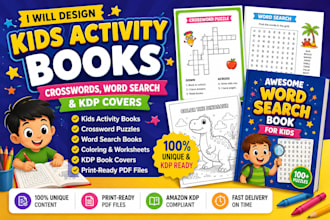 design kids activity books, crosswords puzzle, word search books and KDP covers