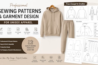 create professional unisex sewing patterns, garment, tech packs, printable PDF