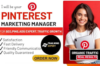 be your pinterest marketing manager for SEO, pins, ads expert, traffic growth,