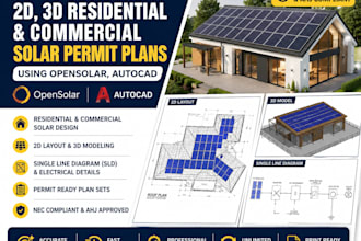 do 2d, 3d residential, commercial solar permit plans using opensolar, autocad