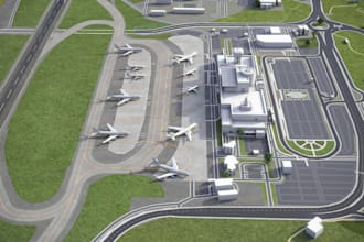 do 3d airport design, aircraft layout, futuristic 3d airport terminal rendering