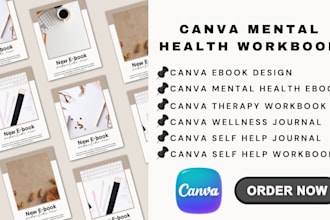 design canva mental health workbook, therapy workbook and wellness journal