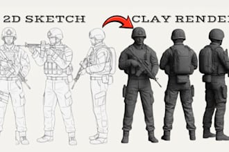 convert 2d design to quality 3d model, 3d character design, 3d printable design
