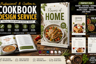 design food flyers, cookbook menu card, recipe banner design, restaurant receipt