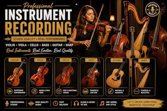 record professional violin, viola, cello, bass, guitar and harp for your music