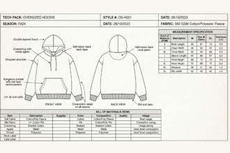 do clothing tech pack, fashion tech pack and flat sketch for manufacturer