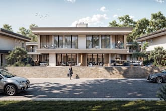 3d resort townhouse, residential complex,duplex home render,villa exterior patio