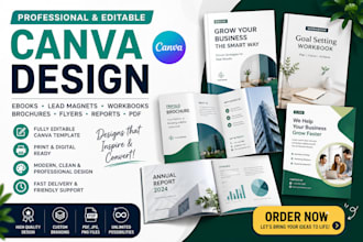 design professional editable canva ebooks, brochures, flyers, workbooks,